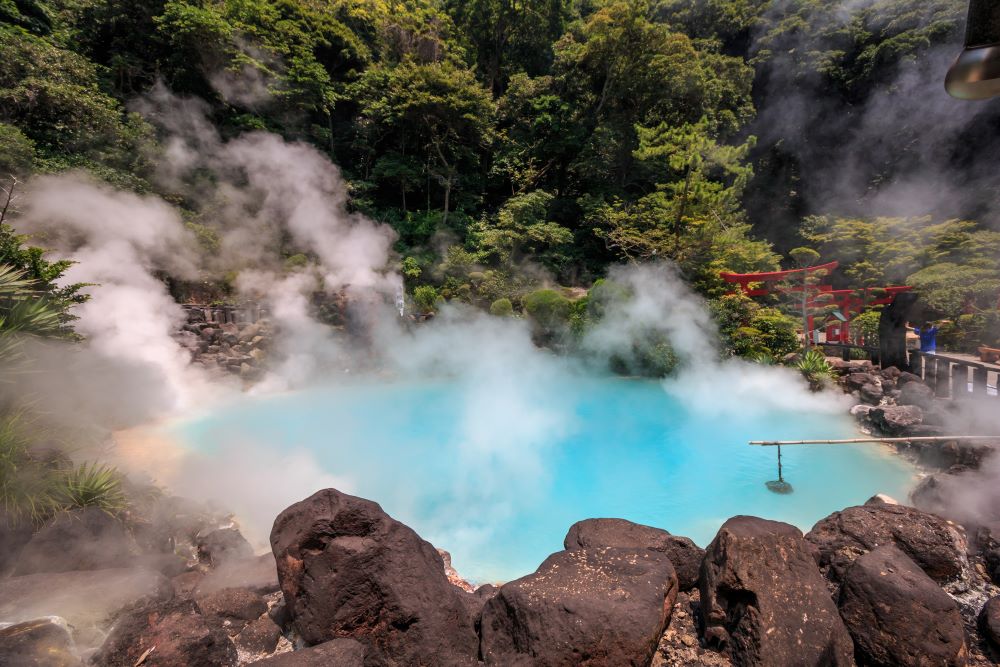 Japan's volcanic activity causes natural hot springs where onsen are built.