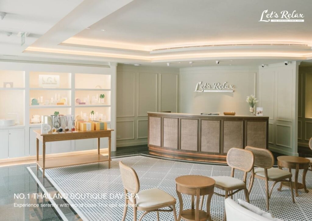 The welcoming lobby at Let’s Relax Spa, Surawong. Each branch features a uniquely customized design, the signature highlight of Let's Relax Spa.
